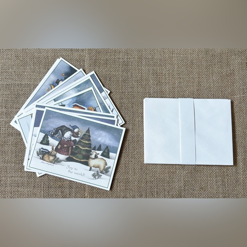 Vintage Laurie Korsgaden Snowman Teddy Bear Christmas Card Set Rustic Folk Art